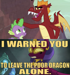 Size: 639x685 | Tagged: safe, edit, edited screencap, editor:undeadponysoldier, screencap, garble, sphinx (character), spike, dragon, sphinx, daring done?, gauntlet of fire, angry, caption, crown, dragon lands, fangs, female, followup, glowing eyes, golden eyes, image macro, jewelry, male, no one messes with spike, protecting, regalia, shipping, sphike, spikelove, straight, teeth, text, this will not end well, winged spike