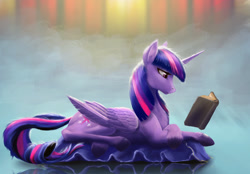 Size: 1000x694 | Tagged: safe, artist:akurion, twilight sparkle, twilight sparkle (alicorn), alicorn, pony, fanfic:the archetypist, book, cushion, fanfic art, prone, reading, solo, unshorn fetlocks