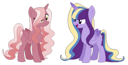 Size: 839x427 | Tagged: safe, artist:foxfoxfire, oc, oc only, alicorn, pony, base used, blank flank, duo, female, hair over one eye, magical lesbian spawn, mare, multicolored hair, offspring, parent:pinkie pie, parent:princess cadance, parent:twilight sparkle, parents:cadancepie, parents:twidance, simple background, transparent background