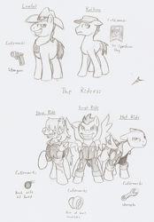 Size: 899x1295 | Tagged: safe, artist:ravenpuff, oc, oc only, oc:hot ride, oc:lawful, pegasus, pony, clothes, ear piercing, earring, grayscale, grin, hat, jewelry, lineart, male, monochrome, pegasus oc, piercing, raised hoof, reference sheet, smiling, spread wings, stallion, traditional art, wings
