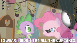 Size: 642x361 | Tagged: safe, derpibooru import, edit, edited screencap, editor:undeadponysoldier, screencap, pinkie pie, spike, dragon, earth pony, pony, party of one, caption, controls, doubt, female, image macro, interrogation, l.a. noire, lamp, lie, looking at each other, male, mare, playstation 3, reference, text, truth, video game