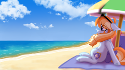 Size: 1920x1080 | Tagged: safe, artist:ghostlymarie, oc, oc only, oc:aurelia coe, earth pony, pony, beach, bow, ocean, solo, summer, sunglasses, tail bow, umbrella