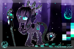 Size: 4000x2643 | Tagged: safe, artist:evilsparrow, artist:quasafox, oc, oc only, oc:nightlight shine, earth pony, pony, antlers, choker, coat markings, diamond, ear piercing, earring, eyeshadow, feather, female, freckles, jewelry, leonine tail, lip piercing, makeup, mare, necklace, piercing, pigtails, raised hoof, reference sheet, solo, staff, tattoo, tree, twintails, unshorn fetlocks, witch