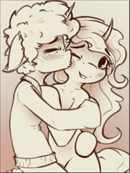 Size: 701x933 | Tagged: safe, artist:blvckmagic, oc, oc:idle thoughts, oc:silverheart, pony, unicorn, afro, blushing, clothes, hug, kissing