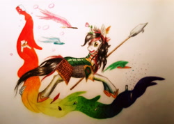 Size: 4020x2865 | Tagged: safe, artist:cahandariella, oc, pony, unicorn, armor, glaive, imagination, rainbow, solo, traditional art