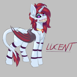 Size: 1200x1200 | Tagged: safe, oc, oc:lucent, alicorn, demon, pony, succubus, succubus pony, unicorn, amulet, bat wings, black sclera, body markings, chest fluff, ear fluff, eyeshadow, female, gray background, grin, jewelry, leg markings, lidded eyes, looking at you, makeup, mare, necklace, purple eyes, sharp teeth, simple background, smiling, smirk, solo, tail, teeth, wings
