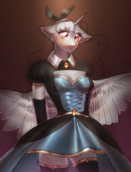 Size: 2000x2632 | Tagged: safe, artist:klooda, anthro, pegasus, unicorn, advertisement, auction, blue, blushing, clothes, commission, costume, dress, eyelashes, female, glitter, mare, realistic, satin, shy, solo, your character here