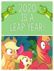 Size: 3106x4096 | Tagged: safe, apple bloom, applejack, big macintosh, earth pony, frog, pony, the perfect pear, 2020, applejack's hat, boomerang (tv channel), cowboy hat, freckles, hat, leap year, lip bite, open mouth, shocked, shocked expression