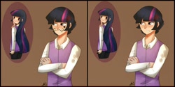 Size: 1024x512 | Tagged: safe, artist:riukime, dusk shine, twilight sparkle, human, 2017, angry, brown background, cross-popping veins, crossed arms, duo, dusktwi, female, humanized, male, prank, rule 63, self paradox, selfcest, shipping, simple background, straight