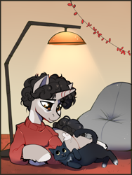 Size: 3000x4000 | Tagged: safe, artist:share dast, oc, oc:idle thoughts, cat, unicorn, bean bag chair, clothes, lamp, tired