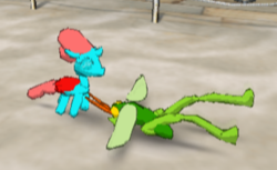 Size: 1494x914 | Tagged: safe, screencap, ocellus, changedling, changeling, doodle, fight, grasshopper, magic pengel, tasi, video game