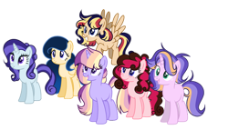 Size: 600x344 | Tagged: safe, artist:thesmall-artist, oc, oc only, earth pony, pegasus, pony, unicorn, base used, female, magical lesbian spawn, mare, offspring, parent:applejack, parent:cheese sandwich, parent:flash sentry, parent:fluttershy, parent:pinkie pie, parent:princess luna, parent:rainbow dash, parent:rarity, parent:starlight glimmer, parent:sunset shimmer, parent:trixie, parent:twilight sparkle, parents:cheesepie, parents:flashimmer, parents:glimmerjack, parents:lunashy, parents:rarixie, parents:twidash, simple background, transparent background