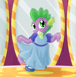 Size: 2000x2005 | Tagged: safe, artist:sixes&sevens, spike, dragon, carousel boutique, clothes, crossdressing, curtsey, cute, dress, male, mary janes, mirror, shoes, smiling, socks, solo, spikabetes