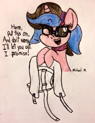 Size: 2313x2978 | Tagged: safe, artist:michaelmaddox222, oc, oc:indigo shadow, pony, unicorn, bondage, clothes, colored, dialogue, female, glasses, headband, heart, looking at you, one eye closed, pencil drawing, scarf, seems legit, signature, solo, straitjacket, traditional art, wink