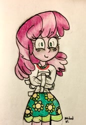 Size: 1691x2454 | Tagged: safe, artist:michaelmaddox222, cheerilee, equestria girls, bondage, clothes, colored, female, freckles, insanity, looking at you, pencil drawing, signature, skirt, solo, straitjacket, traditional art