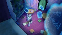 Size: 4267x2400 | Tagged: safe, artist:klarapl, oc, oc only, oc:untitled work, pony, unicorn, blank stare, book, bookshelf, bow, clothes, dirt, discorded, dress, female, frills, glowing horn, green eyes, horn, library, magic, maid, mare, open book, polka dots, pony pov series, table, telekinesis, twilight's castle, twilight's castle library