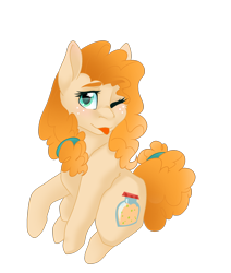 Size: 2000x2354 | Tagged: safe, artist:dollpone, pear butter, earth pony, pony, :p, female, freckles, mare, one eye closed, raised hoof, simple background, solo, tongue out, transparent background, wink