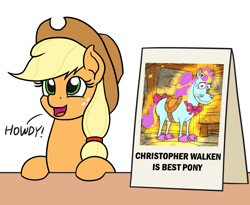 Size: 1719x1407 | Tagged: safe, artist:mkogwheel edits, edit, applejack, earth pony, horse, pony, applejack's hat, applejack's sign, best pony, bow, caption, christopher walken, cloven hooves, cowboy hat, cute, daaaaaaaaaaaw, dave the barbarian, exploitable meme, female, flower, freckles, glow, hat, hooves on the table, howdy, jackabetes, mare, meme, open mouth, saddle, smiling, solo, sparkles, stable, tack, text, twinkle the marvel horse