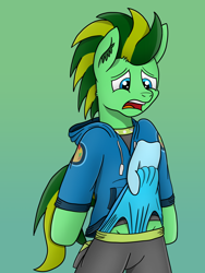 Size: 3024x4032 | Tagged: safe, artist:tacomytaco, oc, oc only, oc:taco.m.tacoson, pegasus, pony, bipedal, briefs, clothes, frontal wedgie, gradient background, hand, hoodie, male, pain, shirt, shorts, underwear, wedgie