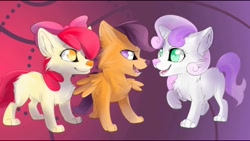 Size: 1280x720 | Tagged: artist needed, source needed, safe, apple bloom, scootaloo, sweetie belle, dog, cutie mark crusaders, dogified, female, filly, horn, smiling, species swap, wings