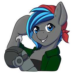 Size: 1000x1000 | Tagged: safe, artist:melodis, oc, oc:atom bomb, pegasus, pony, amputee, clothes, female, jacket, mare, prosthetic limb, prosthetics, robotic hoof, simple background, solo