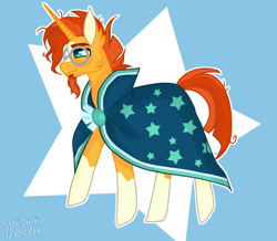 Size: 1024x893 | Tagged: safe, artist:sunshinejuliet, sunburst, pony, unicorn, abstract background, cheek fluff, clothes, ear fluff, facial hair, glasses, goatee, male, profile, robe, solo, stallion, stars, sunburst's robe