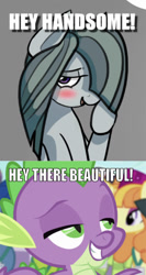 Size: 612x1153 | Tagged: safe, artist:riggyrag, edit, edited screencap, editor:undeadponysoldier, screencap, marble pie, spike, dragon, earth pony, pony, princess spike (episode), beautiful, blushing, caption, crack shipping, female, flirting, handsome, image macro, lidded eyes, male, marblespike, mare, open mouth, shipping, shy, smiling, straight, text