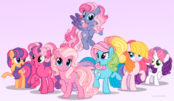 Size: 2941x1700 | Tagged: safe, artist:importantgreatwake, artist:pigeorgien, cheerilee (g3), pinkie pie (g3), rainbow dash (g3), scootaloo (g3), starsong, sweetie belle (g3), toola roola, earth pony, pegasus, unicorn, g3, g3.5, core seven, female, filly, g3 to g4, g3.5 to g4, generation leap, mare