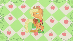 Size: 1280x720 | Tagged: safe, derpibooru import, screencap, applejack, earth pony, pony, suited for success, the best night ever, abstract background, boots, braided tail, checkered background, clothes, cowboy hat, crossed hooves, cute, dress, female, freckles, gala dress, hat, jackabetes, lidded eyes, looking at you, mare, outfit catalog, rio de janeiro, saddle, shoes, solo, stetson, tack