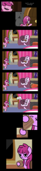 Size: 1800x7422 | Tagged: safe, artist:dinkyuniverse, berry punch, berryshine, piña colada, ruby pinch, earth pony, pony, unicorn, comic:wine essence, aunt, bust, chair, comic, drink, drinking, family, female, filly, fireplace, foal, house, jewelry, kitchen, living room, mother, mug, necklace, plant, portrait, rug, sofa, vase