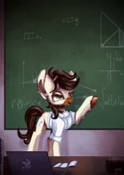 Size: 2000x2808 | Tagged: safe, artist:hagallaz, oc, oc:calpain, earth pony, pony, chalkboard, clothes, computer, equation, lab coat, laptop computer, male, solo, teaching
