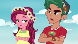 Size: 1920x1080 | Tagged: safe, screencap, gloriosa daisy, timber spruce, equestria girls, legend of everfree, brother and sister, camp everfree outfits, crossed arms, female, flower, flower in hair, geode of fauna, geode of shielding, geode of sugar bombs, geode of super speed, geode of super strength, magical geodes, male, siblings, sky