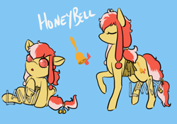 Size: 1000x700 | Tagged: safe, artist:lavvythejackalope, oc, oc only, oc:honey belle, earth pony, pony, :o, baby, baby pony, bell, duo, earth pony oc, eyes closed, open mouth, raised hoof, reference sheet, simple background, sitting, text, underhoof