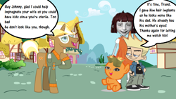 Size: 898x506 | Tagged: artist needed, safe, trenderhoof, human, pony, unicorn, angela anaconda, baby, baby pony, clothes, crossover, downvote bait, goggles, horn, johnny test, low quality, male, speech bubble, stallion, tail