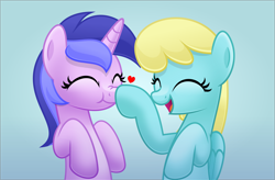 Size: 5086x3346 | Tagged: safe, artist:jhayarr23, sassaflash, sea swirl, seafoam, pegasus, pony, unicorn, background pony, boop, commission, cute, eyes closed, female, happy, heart, mare, nose wrinkle, smiling