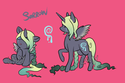 Size: 1200x800 | Tagged: safe, artist:lavvythejackalope, oc, oc only, oc:sorrow, alicorn, pony, :o, alicorn oc, baby, baby pony, braid, braided tail, crying, duo, eyes closed, open mouth, raised hoof, reference sheet, simple background, sitting, text, underhoof