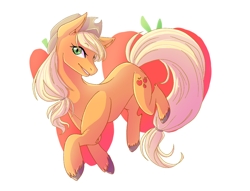 Size: 1032x787 | Tagged: safe, artist:xyrrusblack, derpibooru import, applejack, earth pony, pony, apple, cute, cutie mark background, ear fluff, female, food, jackabetes, leg fluff, mare, no more ponies at source, solo, unshorn fetlocks