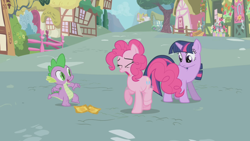 Size: 1280x720 | Tagged: safe, derpibooru import, screencap, pinkie pie, spike, twilight sparkle, unicorn twilight, dragon, earth pony, pony, unicorn, the ticket master, baby dragon, female, gala ticket, mare, ponyville, trio