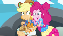 Size: 1920x1080 | Tagged: safe, screencap, applejack, pinkie pie, better together, equestria girls, sunset's backstage pass!, food, pancakes