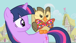 Size: 1280x720 | Tagged: safe, screencap, owlowiscious, twilight sparkle, unicorn twilight, owl, pony, unicorn, owl's well that ends well, bowtie, duo, female, mare, perching, riding, smiling