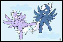 Size: 3128x2080 | Tagged: safe, alternate version, artist:lucas_gaxiola, cloudchaser, night glider, pegasus, pony, colored, duo, female, flying, male, mare, signature, smiling, stallion