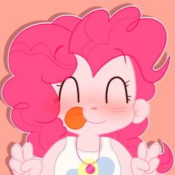 Size: 500x500 | Tagged: safe, artist:pinkiespresent, pinkie pie, better together, equestria girls, blushing, bust, cute, diapinkes, eyes closed, female, geode of sugar bombs, magical geodes, peace sign, pink background, simple background, solo, tongue out