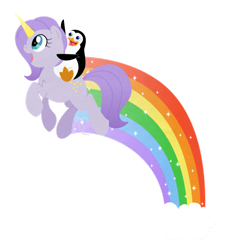 Size: 1400x1500 | Tagged: safe, artist:yokokinawa, bird, penguin, unicorn, cloud, happy, lineless, private, rainbow, riding, sparkles, the penguins of madagascar