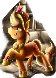 Size: 1988x2782 | Tagged: safe, artist:jamescorck, applejack, earth pony, pony, applejack's hat, big crown thingy, cowboy hat, crown, element of generosity, element of honesty, element of kindness, element of laughter, element of loyalty, element of magic, elements of harmony, female, hat, jewelry, regalia, simple background, smug, solo, transparent background