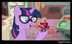 Size: 1288x778 | Tagged: safe, edit, edited screencap, editor:teren rogriss, screencap, sci-twi, twilight sparkle, living apple, unicorn, equestria girls, feeling pinkie keen, the big mac question, apple, equestria girls ponified, food, glasses, horn, unicorn sci-twi, wings