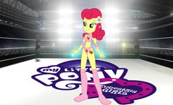 Size: 2875x1746 | Tagged: safe, artist:cloudyglow, artist:marcusvanngriffin, strawberry sunrise, equestria girls, bedroom eyes, belly button, boots, clothes, cutie mark on human, elbow pads, equestria girls logo, equestria girls-ified, female, flower, flower in hair, grin, midriff, shoes, shorts, smiling, solo, sports, sports bra, sports shorts, tattoo, wrestler, wrestling, wrestling ring