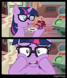 Size: 1288x1496 | Tagged: safe, edit, edited screencap, editor:teren rogriss, screencap, sci-twi, twilight sparkle, living apple, unicorn, equestria girls, feeling pinkie keen, the big mac question, apple, equestria girls ponified, food, glasses, horrified, unicorn sci-twi