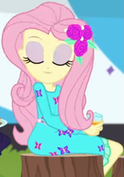 Size: 375x533 | Tagged: safe, screencap, fluttershy, better together, equestria girls, sunset's backstage pass!, beverage, clothes, cropped, cup, cute, dress, eyes closed, female, hairclip, long sleeves, rv, shyabetes, sitting, smiling, tree stump, waistband