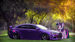 Size: 2048x1151 | Tagged: safe, artist:iqbalherindra, twilight sparkle, unicorn twilight, pony, unicorn, car, mitsubishi, mitsubishi lancer, mitsubishi lancer evolution x, photo, photoshop, solo