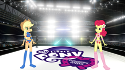 Size: 4000x2250 | Tagged: safe, artist:cloudyglow, artist:marcusvanngriffin, applejack, strawberry sunrise, equestria girls, applejack's hat, bedroom eyes, belly button, boots, clothes, cowboy hat, cutie mark on human, elbow pads, equestria girls logo, equestria girls-ified, female, flower, flower in hair, freckles, grin, hat, midriff, shoes, shorts, smiling, sports, sports bra, sports shorts, tattoo, wrestler, wrestling, wrestling ring